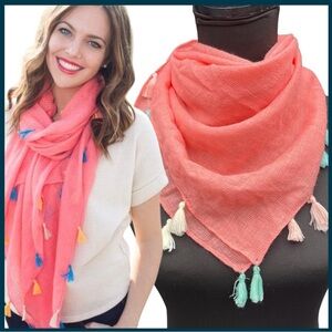 Salmon Pink Teal Tassel Linen Blend Boho Square Scarf (35"x35")
